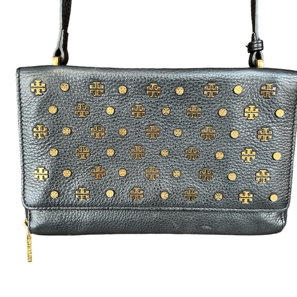 RARE Tory Burch black leather clutch/shoulder bag with gold tone logos and studs - Picture 2 of 11